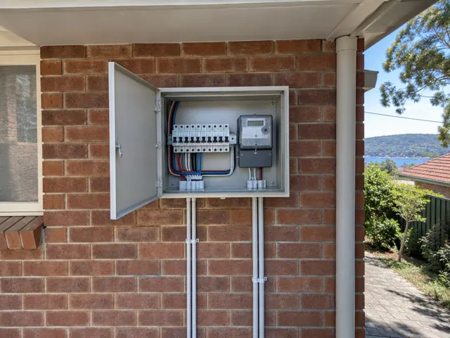 External home switchboard cabinet open on a brick wall with wiring and meter box in Gosford